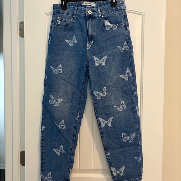 Blue Sky Denim - Blue Sky Women's Boyfriend Jeans with White Butterfly Print - Blue Denim